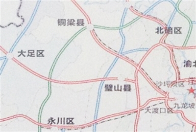 铜永高速公路地图(绿色线:走向,铜梁,大足,永川)